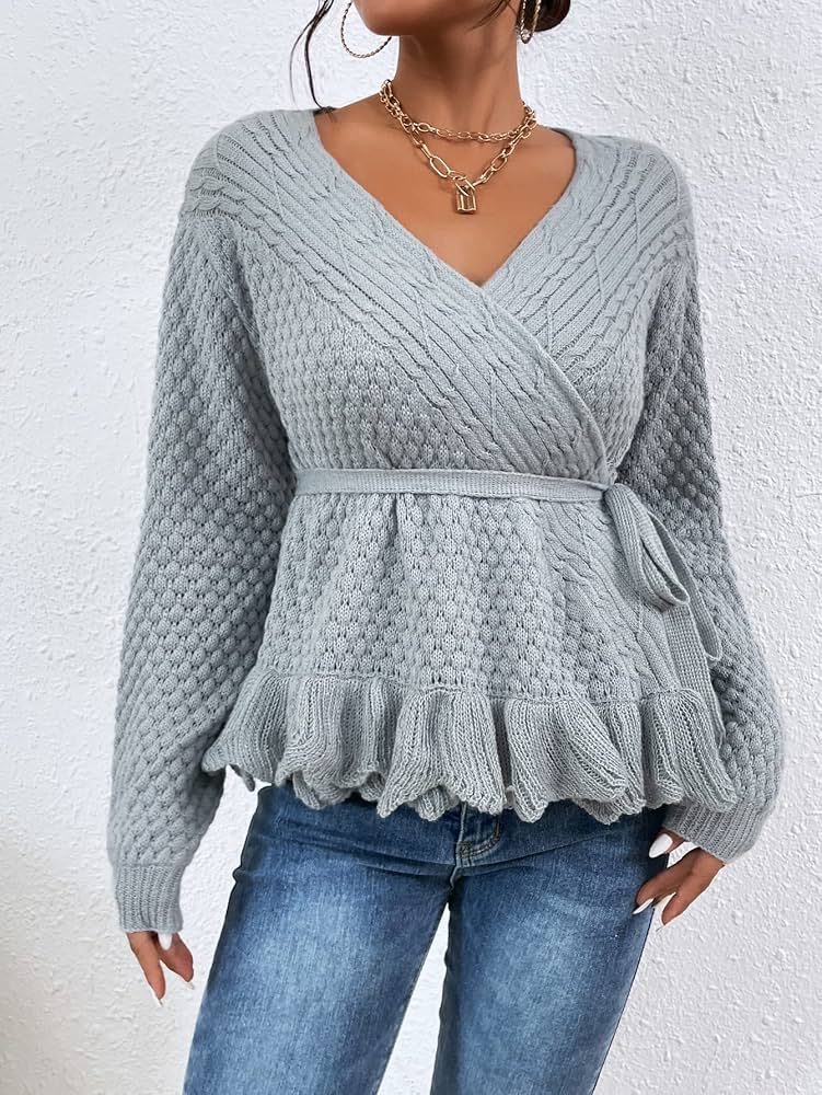 Amazon.com: Surplice Neck Cable Knit Peplum Belted Sweater